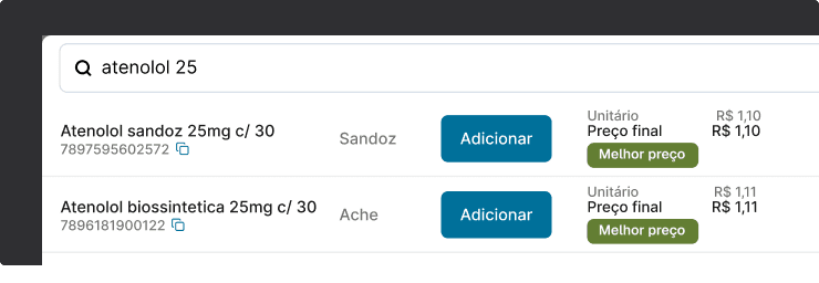 Busca por princípio ativo na Cienty retornando diferentes marcas e fabricantes do mesmo medicamento com preços comparados, ampliando as opções de compra da farmácia