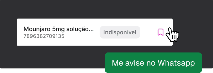 Recurso de alerta de reposição da Cienty que notifica a farmácia via WhatsApp assim que um produto indisponível voltar ao estoque do distribuidor, evitando falta crônica