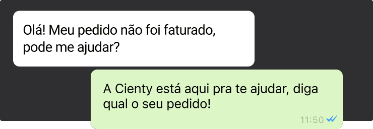 Suporte humano da Cienty via WhatsApp respondendo prontamente a dúvidas sobre pedidos, sem necessidade de abrir chamado ou aguardar em fila